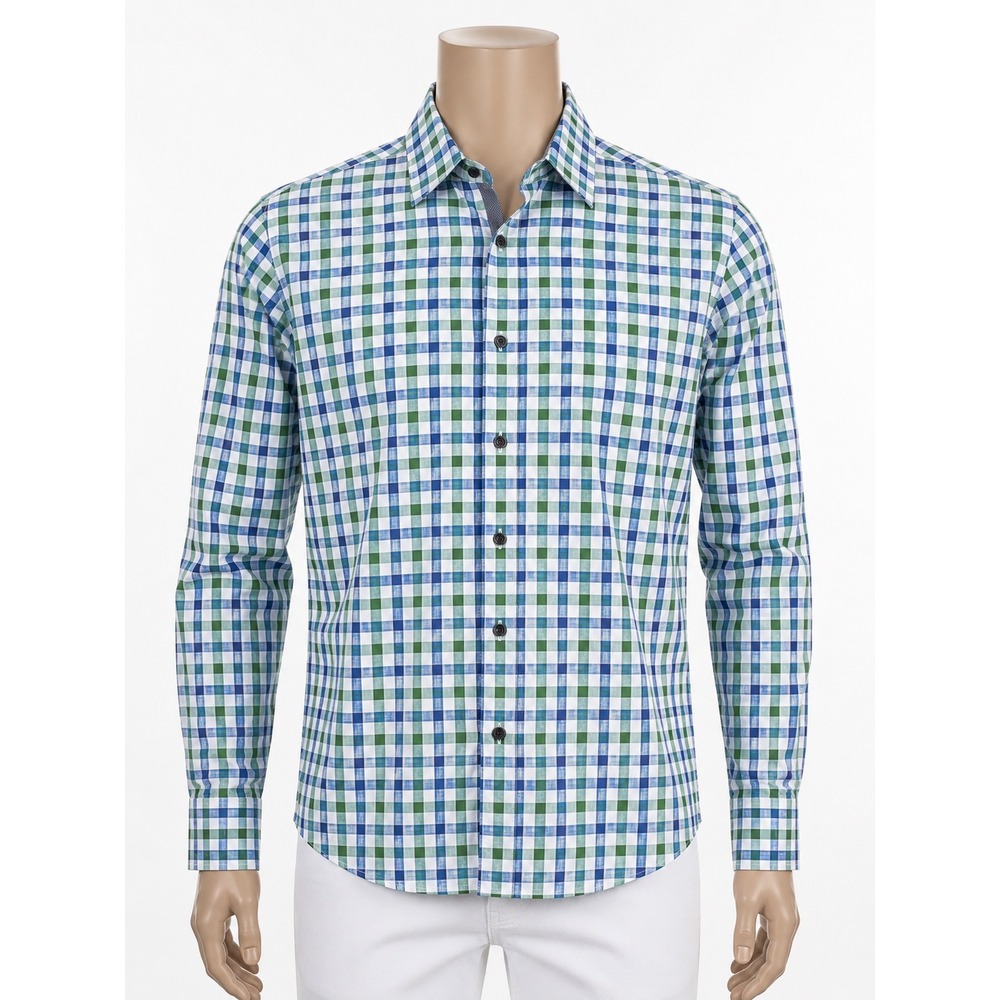 CON.STRUCT Slim Fit Button Down Shirt Mens Large Green Blue Check 4-Way Stretch